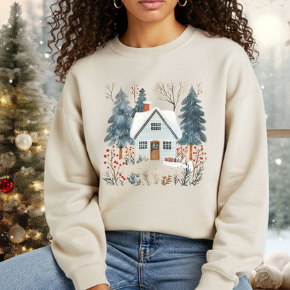Cozy cream crewneck sweatshirt with a Nordic winter cabin, pine trees, and red berries design.