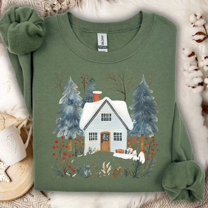 Military Green Nordic Winter Cabin Sweatshirt with snowy cabin, pine trees, and red berries.