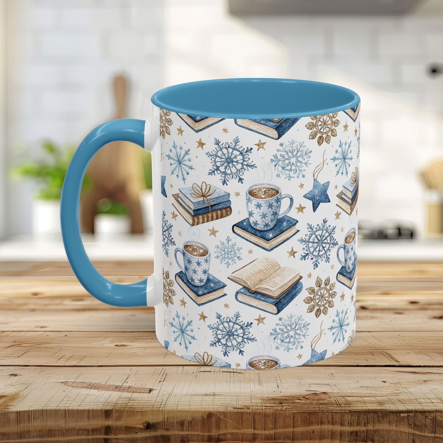 Nordic Winter Cocoa & Books 11 oz. mug with blue handle/interior, featuring watercolor snowflakes, books, and cocoa.