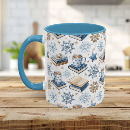 Nordic Winter Cocoa & Books 11 oz. mug with blue handle/interior, featuring watercolor snowflakes, books, and cocoa.