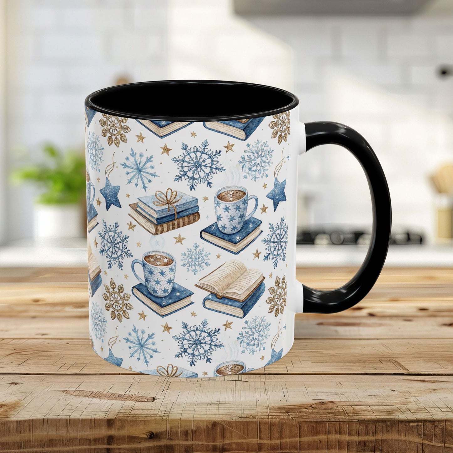 11oz black ceramic mug with Nordic winter cocoa, books, and snowflake watercolor print.