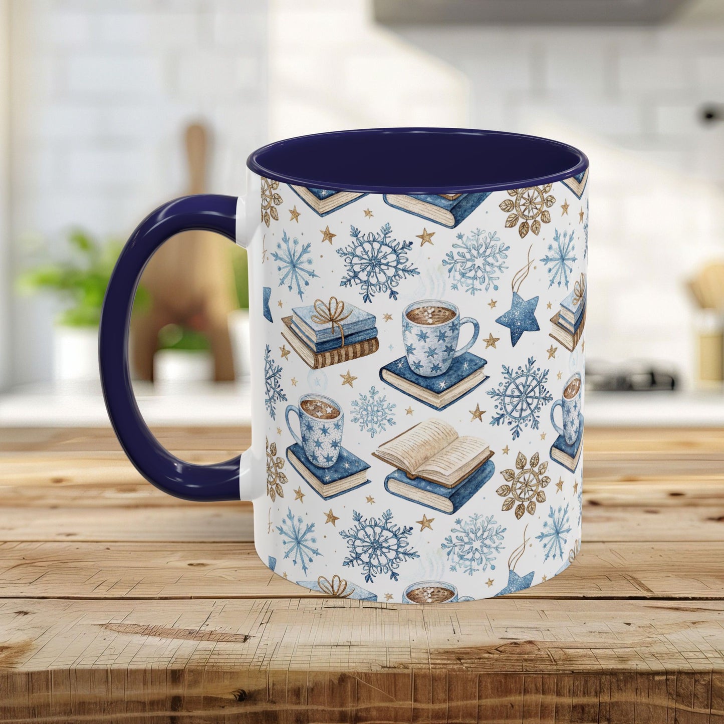 Nordic Winter Cocoa & Books 11 oz. ceramic mug with blue handle/interior and watercolor snowflake design.