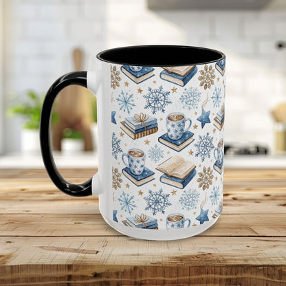 Nordic Winter Cocoa & Books 15 oz. ceramic mug with black handle, interior, and watercolor snowflake design.