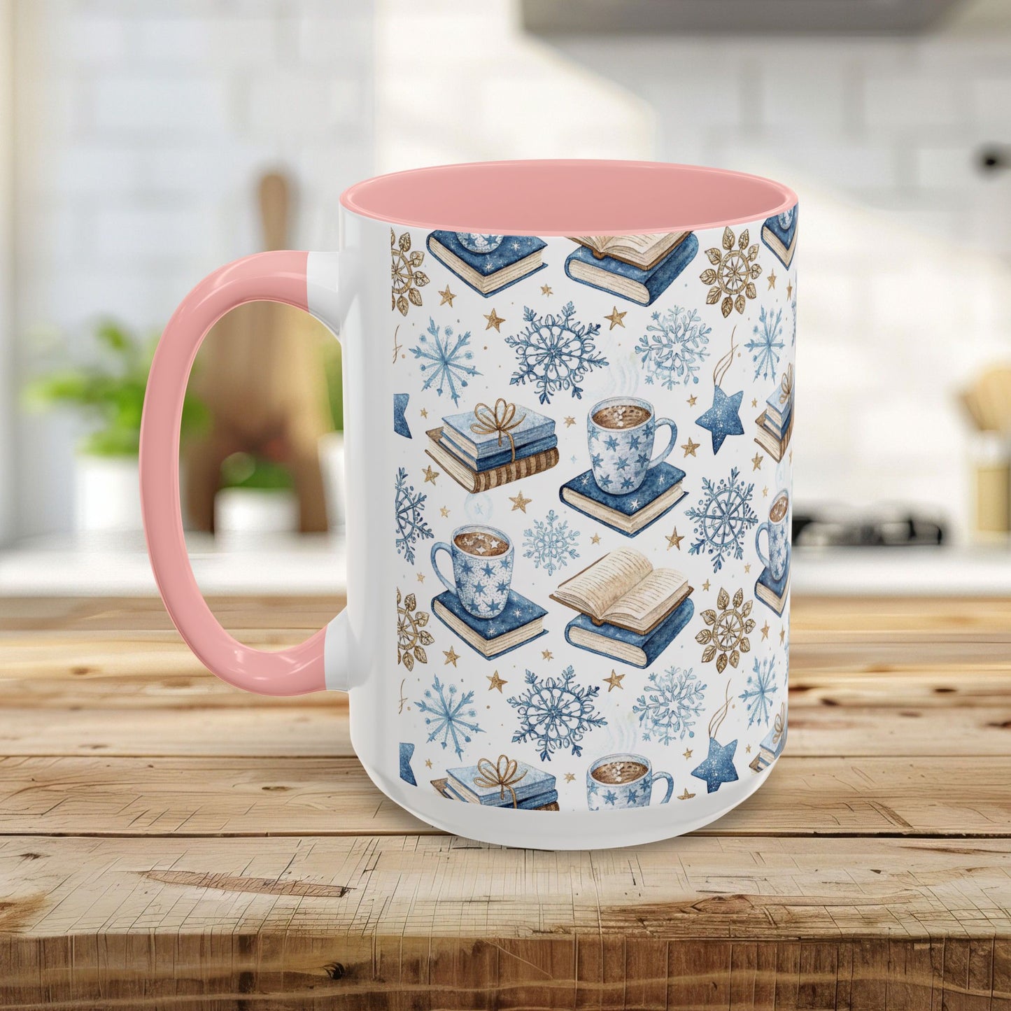 Nordic Winter Cocoa & Books 15 oz. ceramic mug with pink handle and interior, featuring a watercolor snowflake and book pattern.