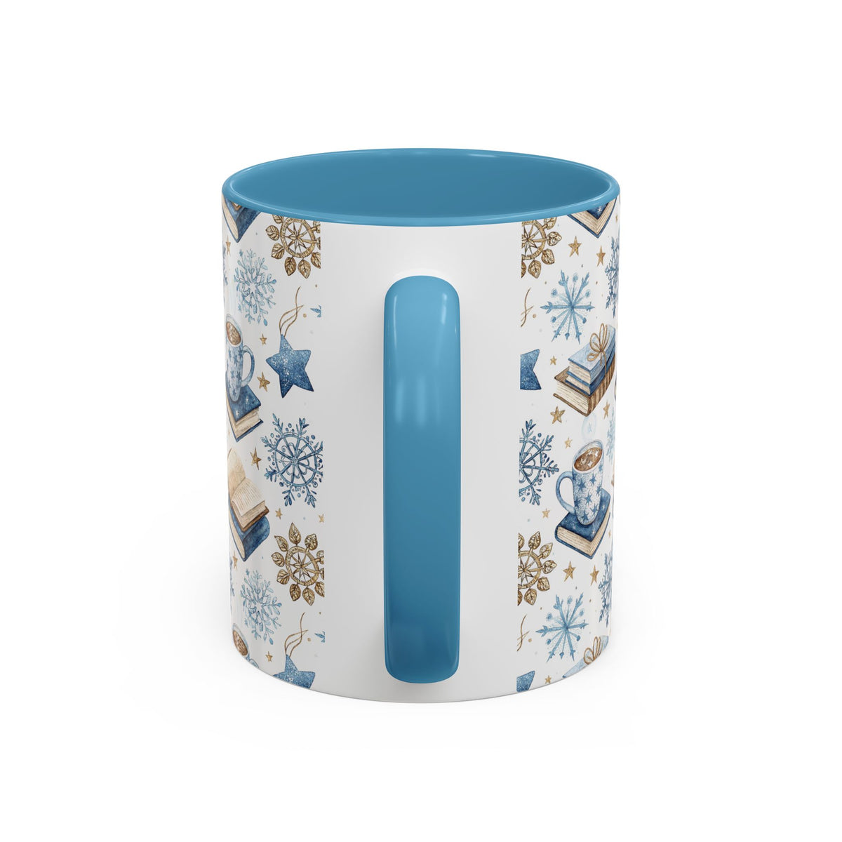 White ceramic mug with blue handle and interior, featuring a Nordic winter watercolor design of cocoa, books, and snowflakes.
