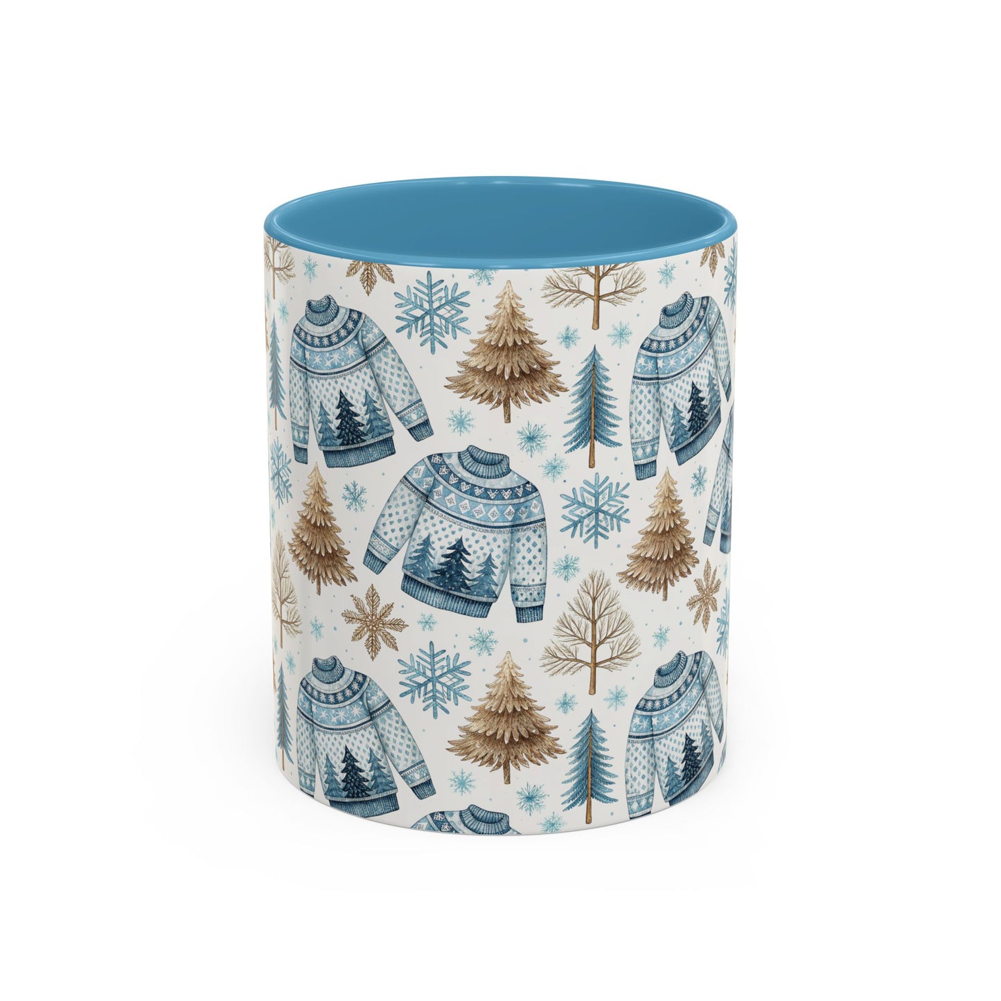 Nordic Winter Fair Isle sweater mug with blue interior, snowflakes, evergreens, and trees.