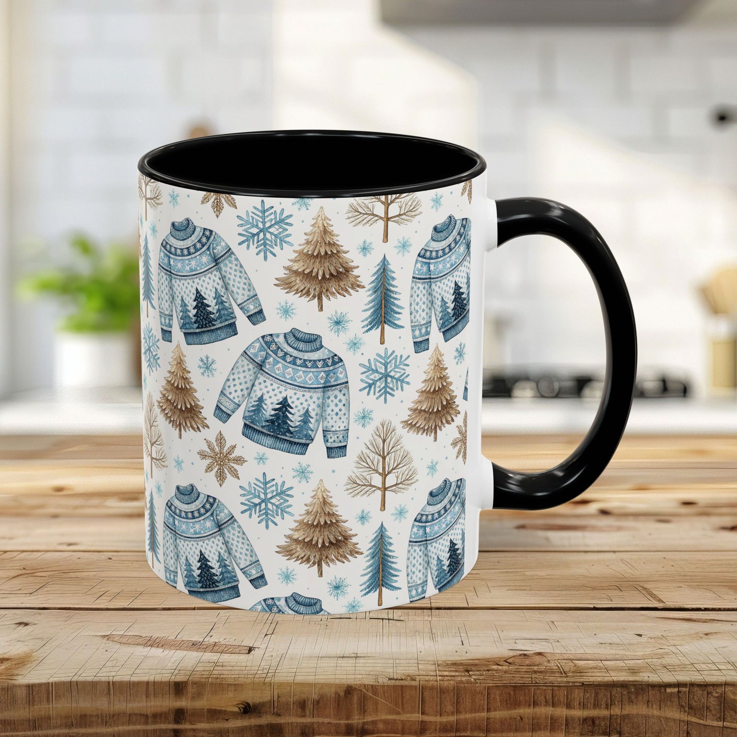 11oz Nordic Winter Fair Isle mug with black handle and interior, featuring blue sweaters, snowflakes, and evergreens.