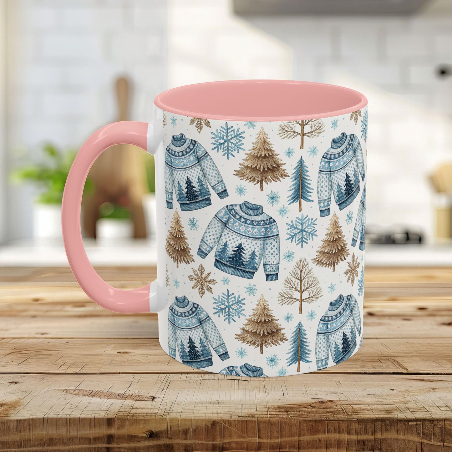 Nordic Winter Fair Isle sweater mug with blue, tan, and white watercolor pattern, pink handle and interior.