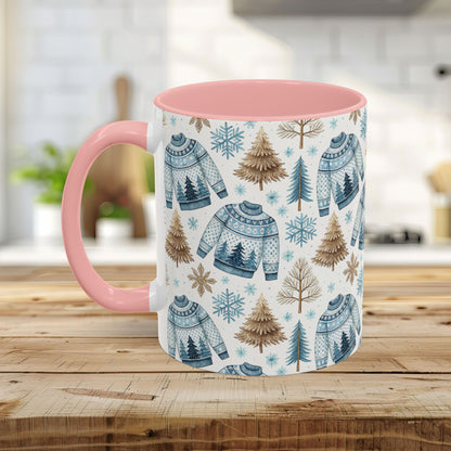 Nordic Winter Fair Isle sweater mug with blue, tan, and white watercolor pattern, pink handle and interior.