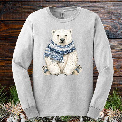 Ash long-sleeve tee with a hand-painted polar bear wearing a blue and white knitted scarf.