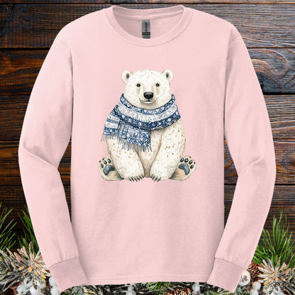 Light pink long-sleeve cotton tee with a hand-painted polar bear wearing a blue knitted scarf.