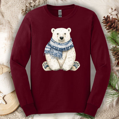 Maroon long-sleeve tee with a hand-painted polar bear wearing a blue knitted scarf.