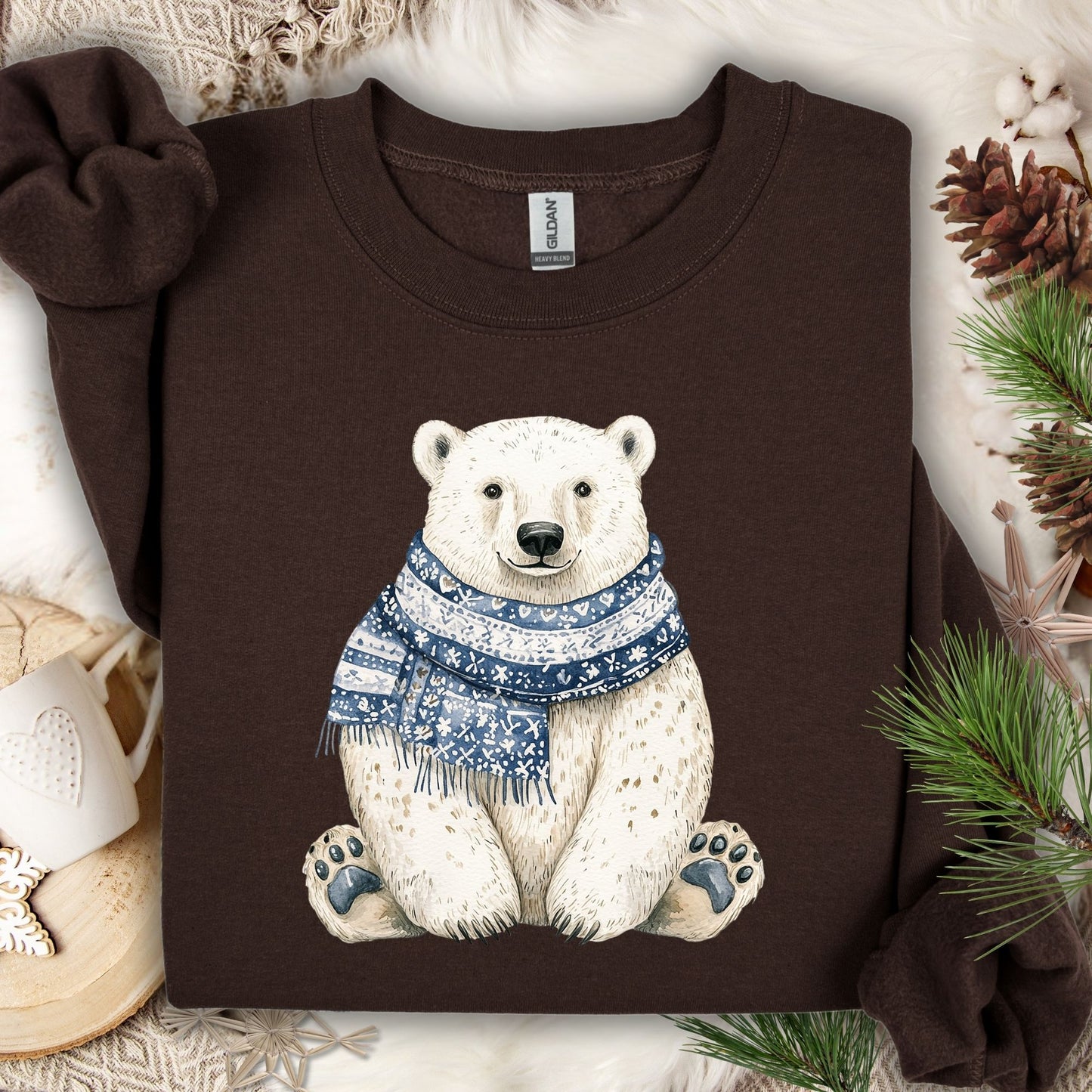Dark Chocolate Nordic Winter Polar Bear Sweatshirt with a white bear wearing a blue patterned scarf.