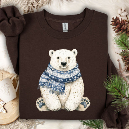 Dark Chocolate Nordic Winter Polar Bear Sweatshirt with a white bear wearing a blue patterned scarf.
