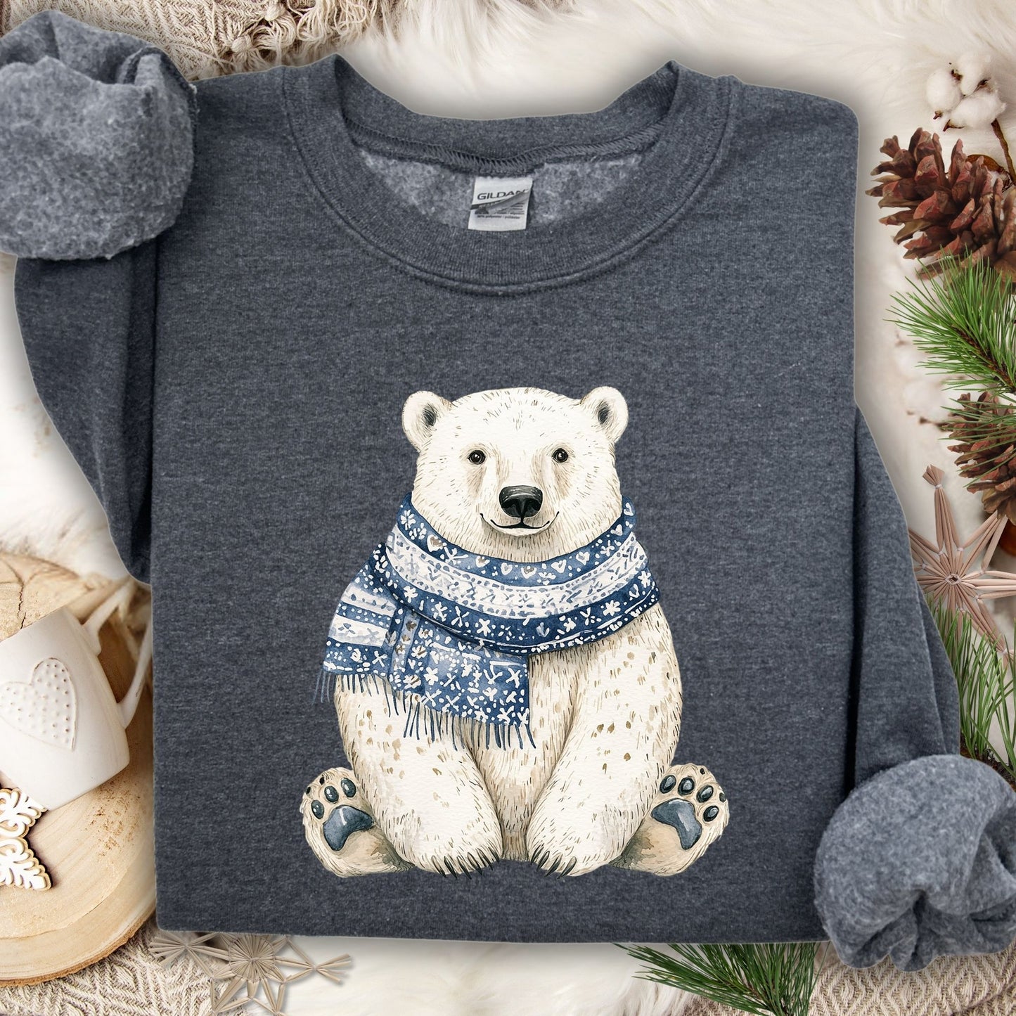 Dark Heather Nordic Winter Polar Bear Sweatshirt with a white bear wearing a blue patterned scarf.