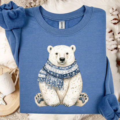 Indigo Blue Nordic Winter Polar Bear Sweatshirt with a sitting bear wearing a patterned scarf.