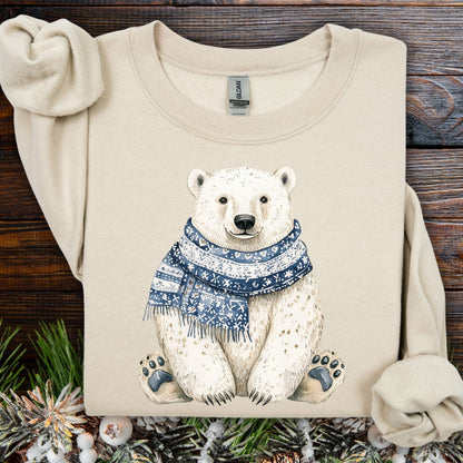 Sand Nordic Winter Polar Bear Sweatshirt with a blue patterned scarf, made from 50/50 cotton-poly fabric.