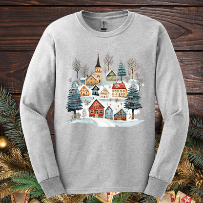 Ash Gildan Softstyle long sleeve tee with a watercolor Nordic winter village design.