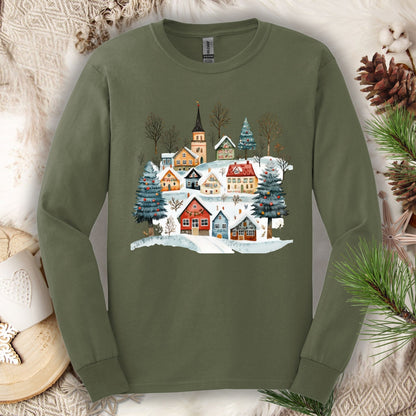 Military Green Gildan Softstyle long sleeve tee with a watercolor Nordic winter village design.