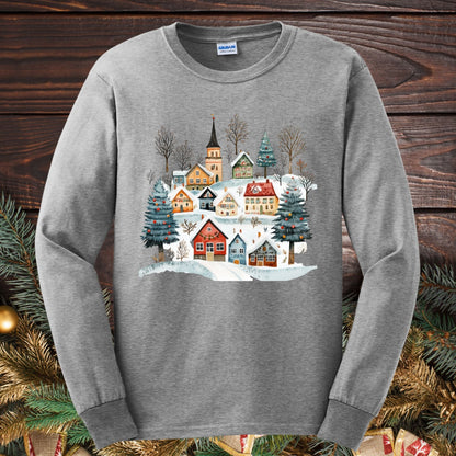 Sports Grey Gildan Softstyle long sleeve tee with a watercolor Nordic winter village design.