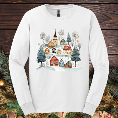 White Gildan Softstyle long sleeve tee with a watercolor Nordic winter village design.