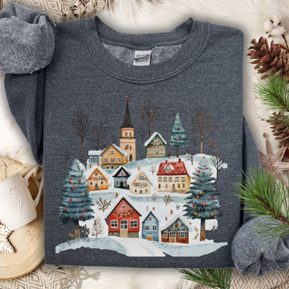Dark Heather Nordic Winter Village Sweatshirt with folk-art snow scene, cozy cotton-poly blend.