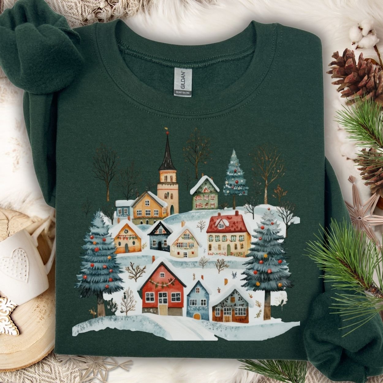 Forest Green Nordic Winter Village Sweatshirt with folk-art design on a cozy cotton-polyester blend.