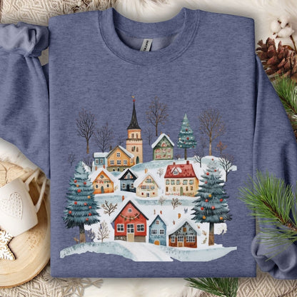 Heather Sport Dark Navy Nordic Winter Village Sweatshirt with folk-art cottages, trees, and snow.