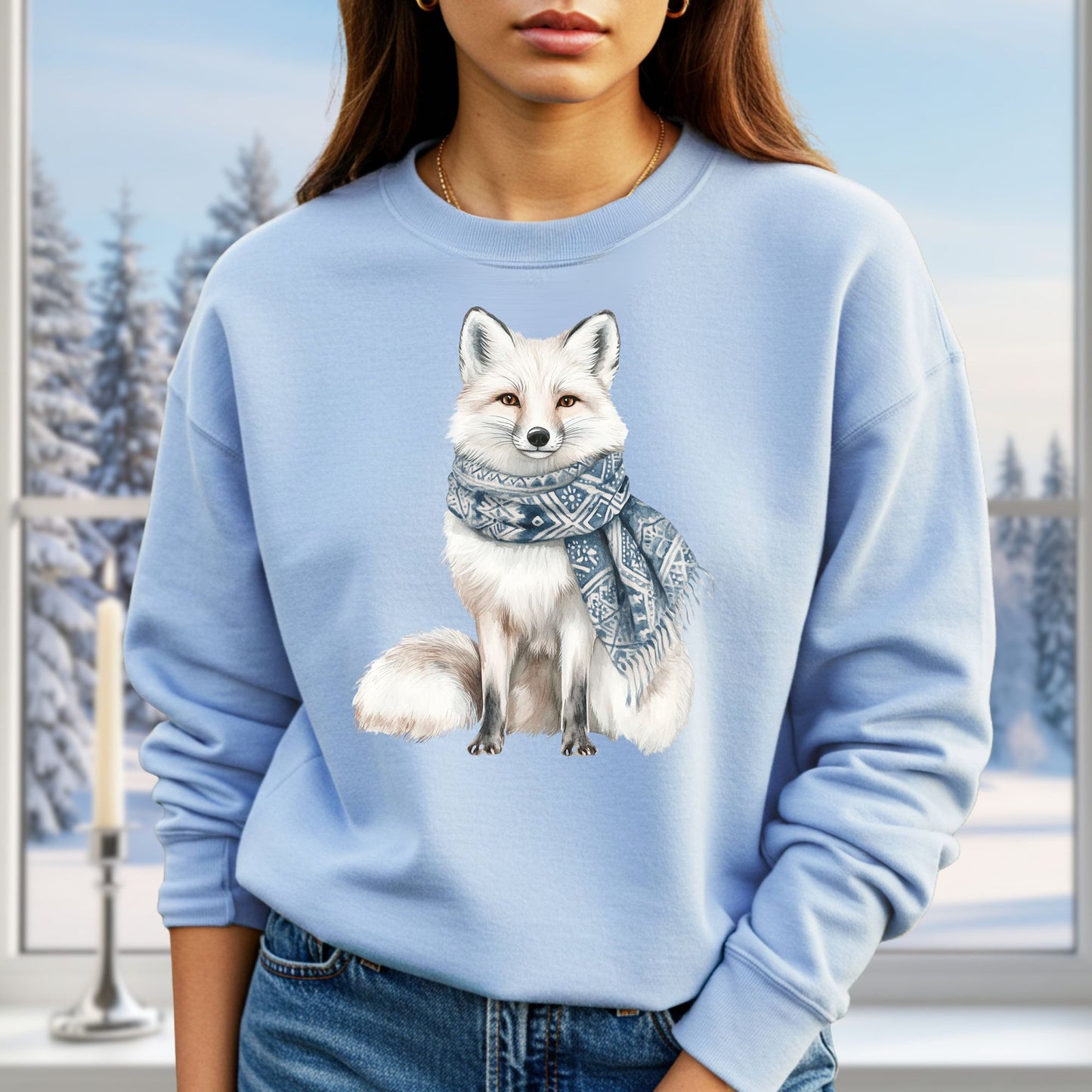 Nordic Winter White Fox with Scarf Sweatshirt