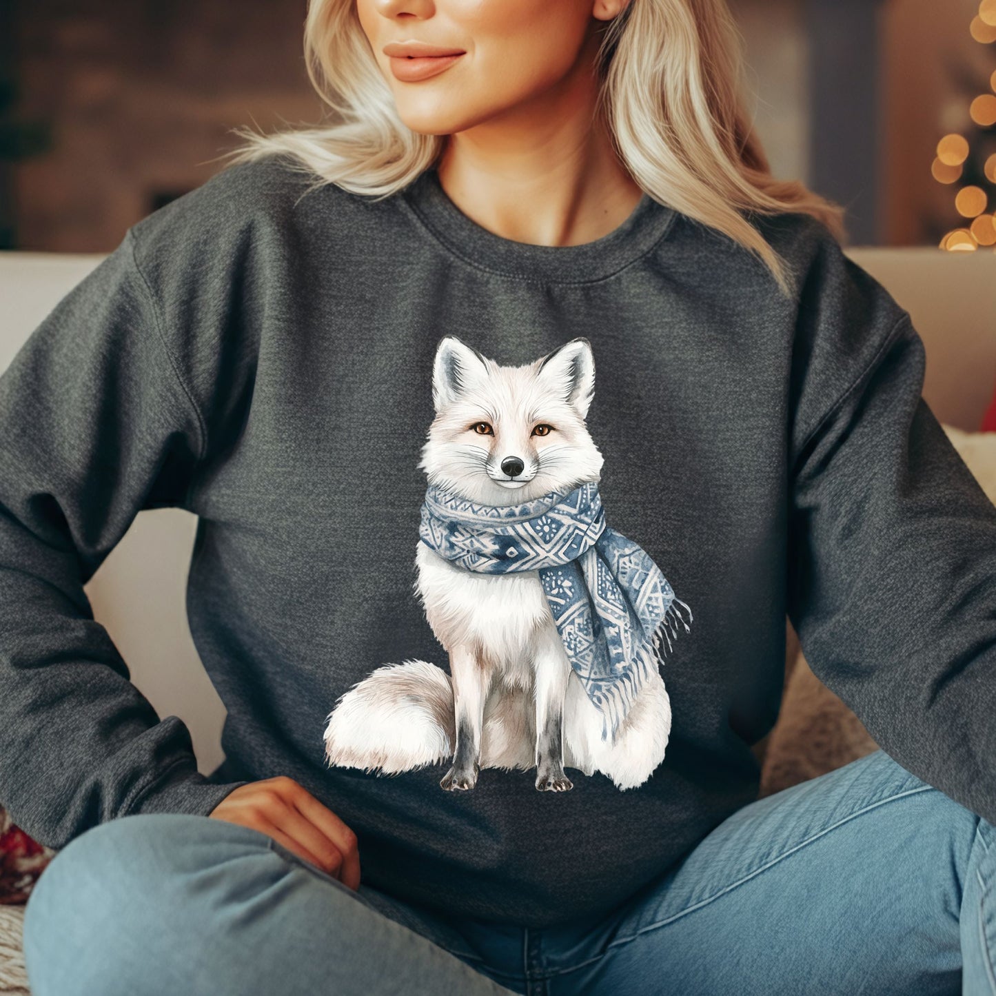 Nordic Winter White Fox with Scarf Sweatshirt