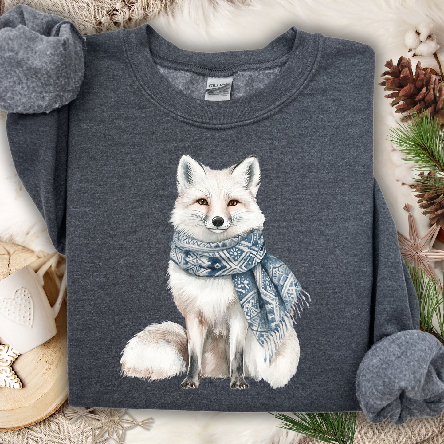 Nordic Winter White Fox with Scarf Sweatshirt