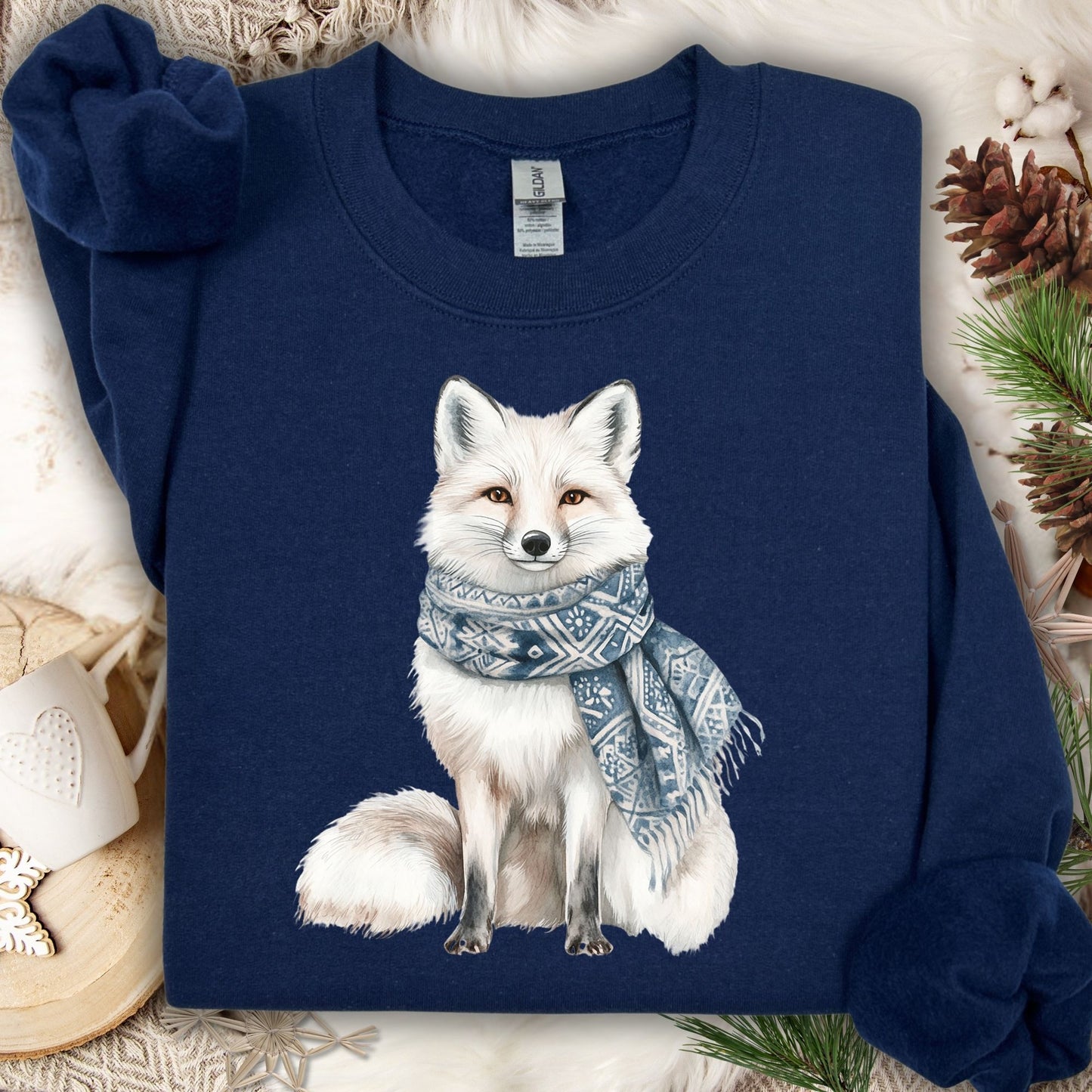 Nordic Winter White Wolf with Scarf Sweatshirt