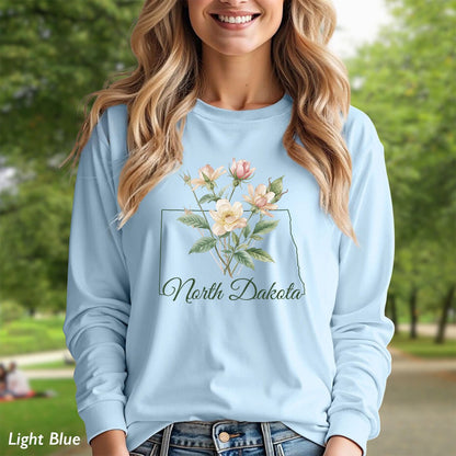 North Dakota State Flower Long Sleeve Tee - Wild Prairie Rose