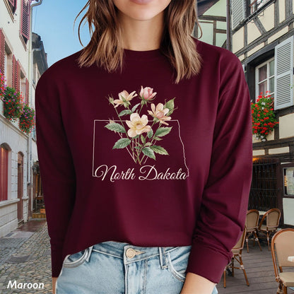 North Dakota State Flower Long Sleeve Tee - Wild Prairie Rose