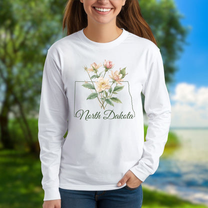 North Dakota State Flower Long Sleeve Tee - Wild Prairie Rose
