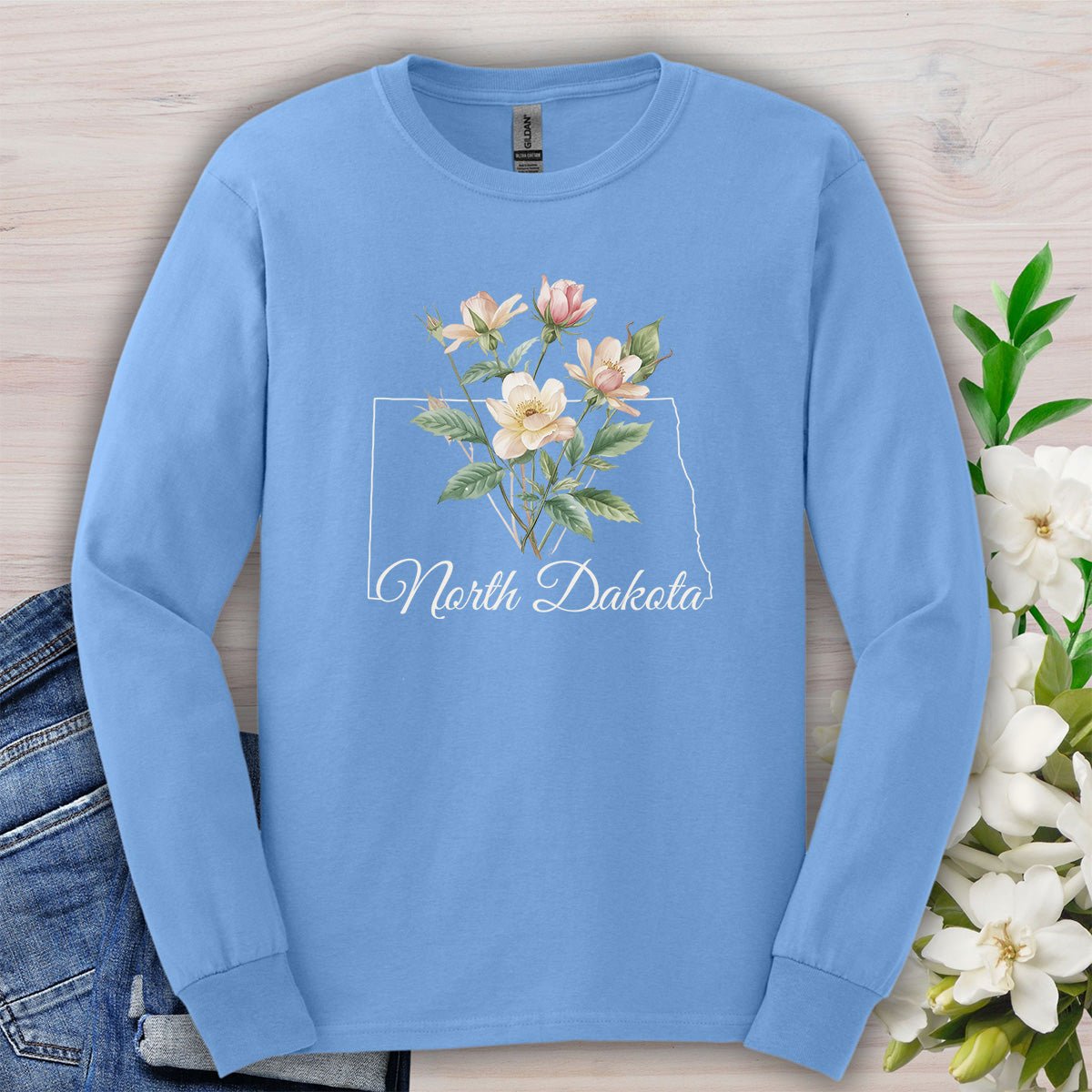 North Dakota State Flower Long Sleeve Tee - Wild Prairie Rose