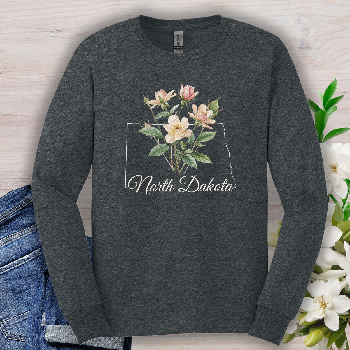 North Dakota State Flower Long Sleeve Tee - Wild Prairie Rose