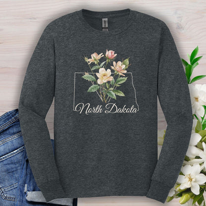 North Dakota State Flower Long Sleeve Tee - Wild Prairie Rose