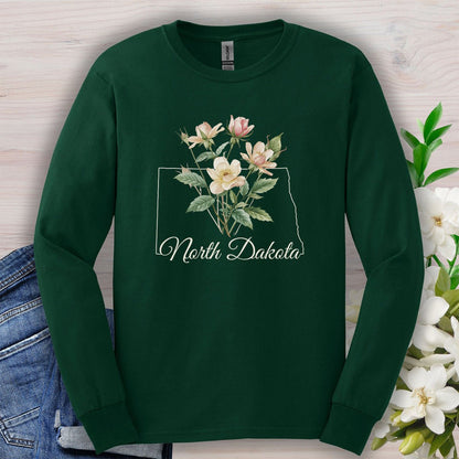 North Dakota State Flower Long Sleeve Tee - Wild Prairie Rose