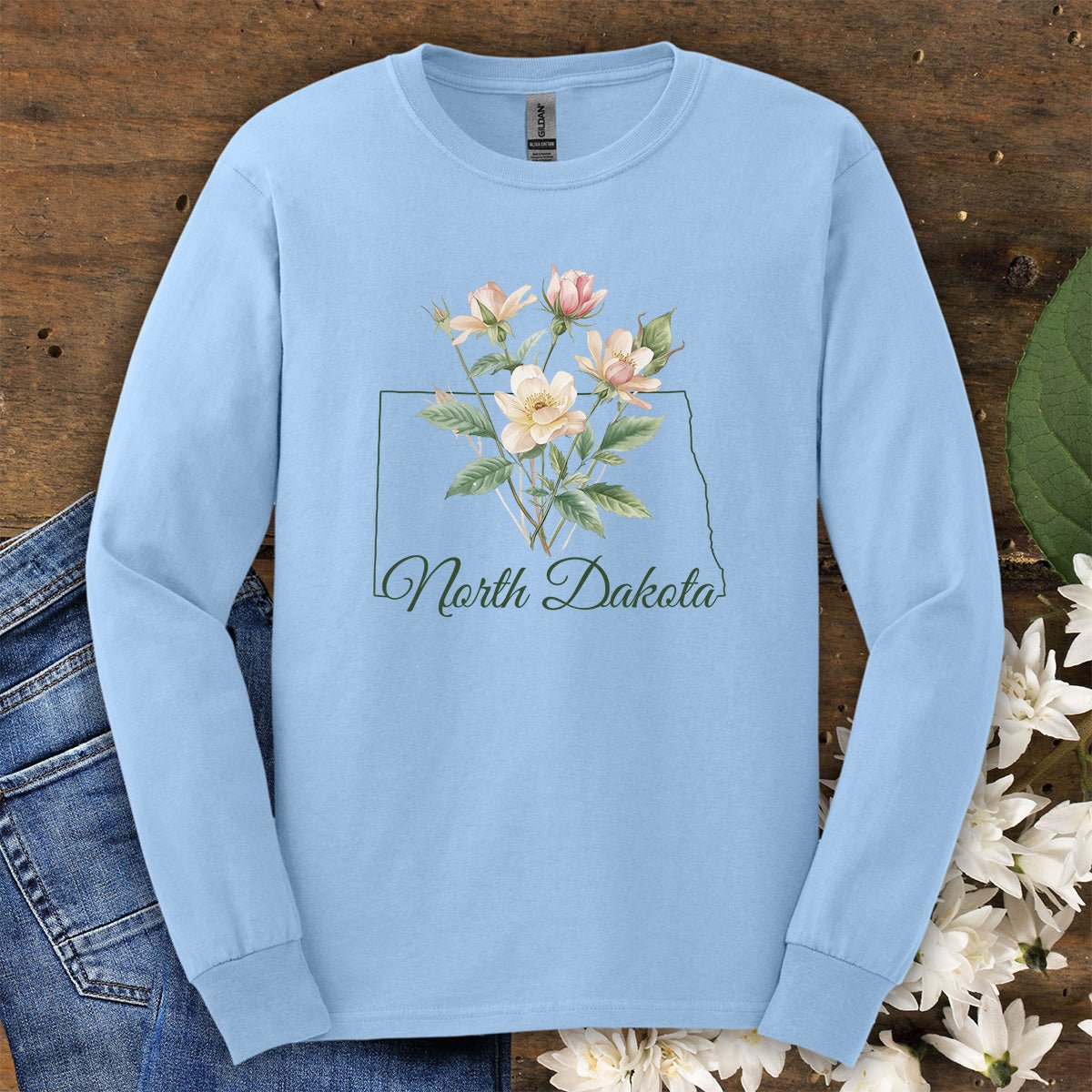North Dakota State Flower Long Sleeve Tee - Wild Prairie Rose