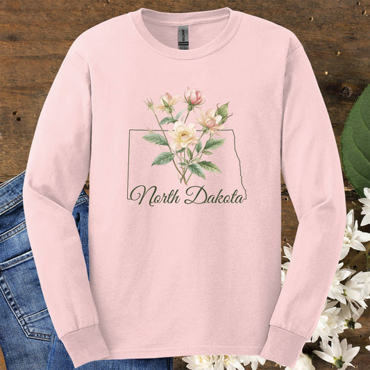 North Dakota State Flower Long Sleeve Tee - Wild Prairie Rose