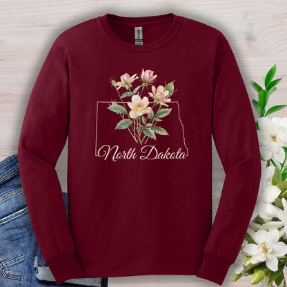 North Dakota State Flower Long Sleeve Tee - Wild Prairie Rose