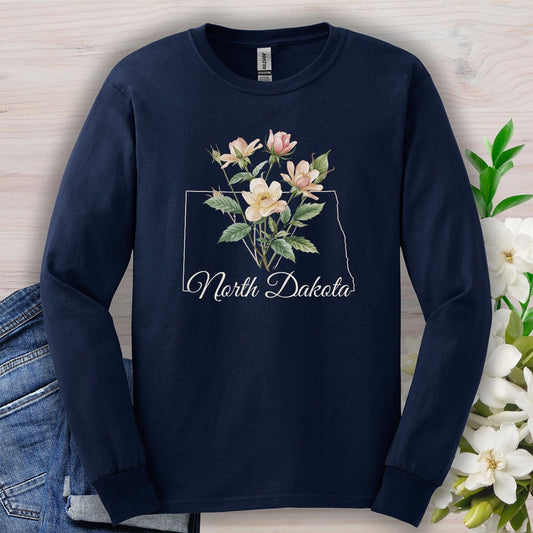 North Dakota State Flower Long Sleeve Tee - Wild Prairie Rose