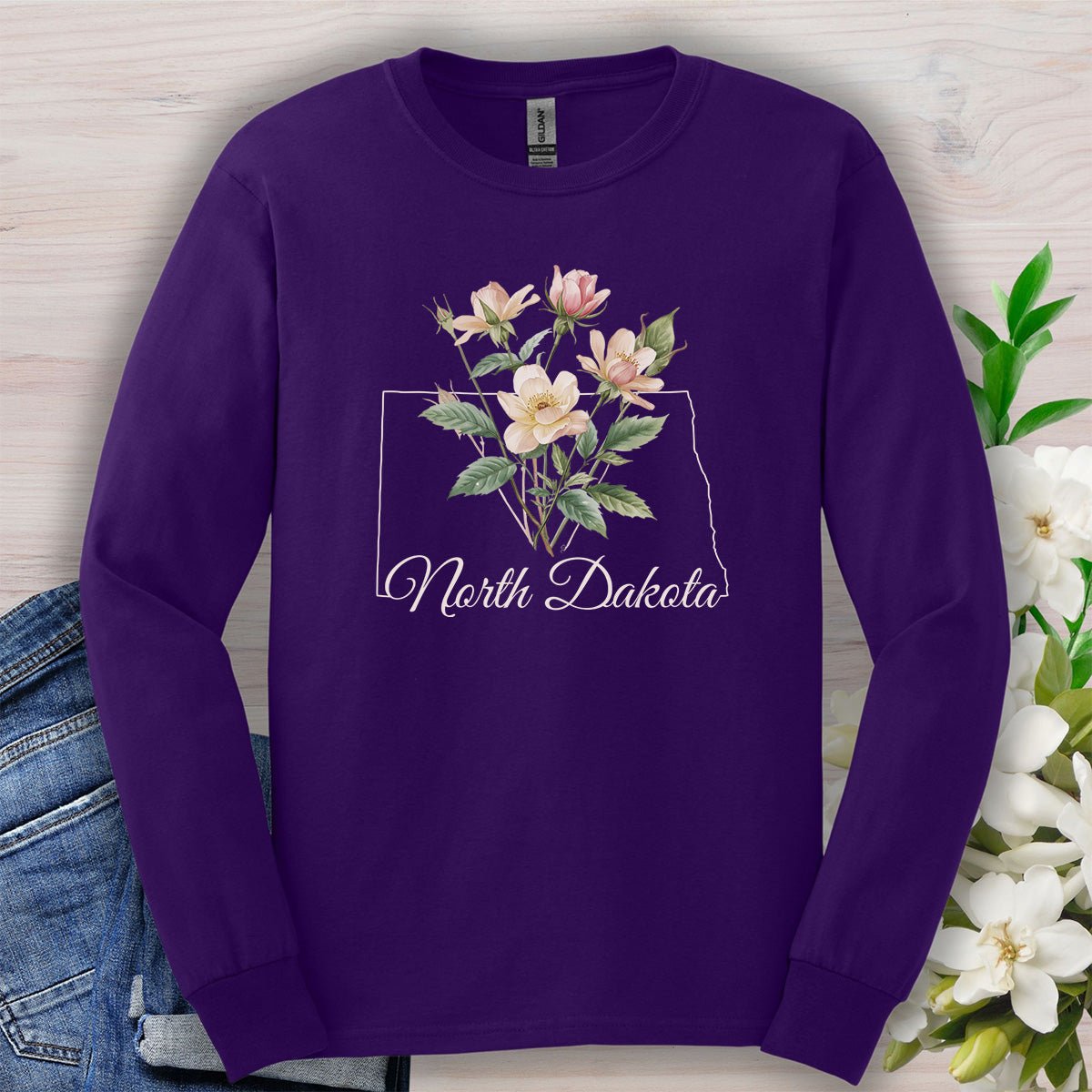 North Dakota State Flower Long Sleeve Tee - Wild Prairie Rose