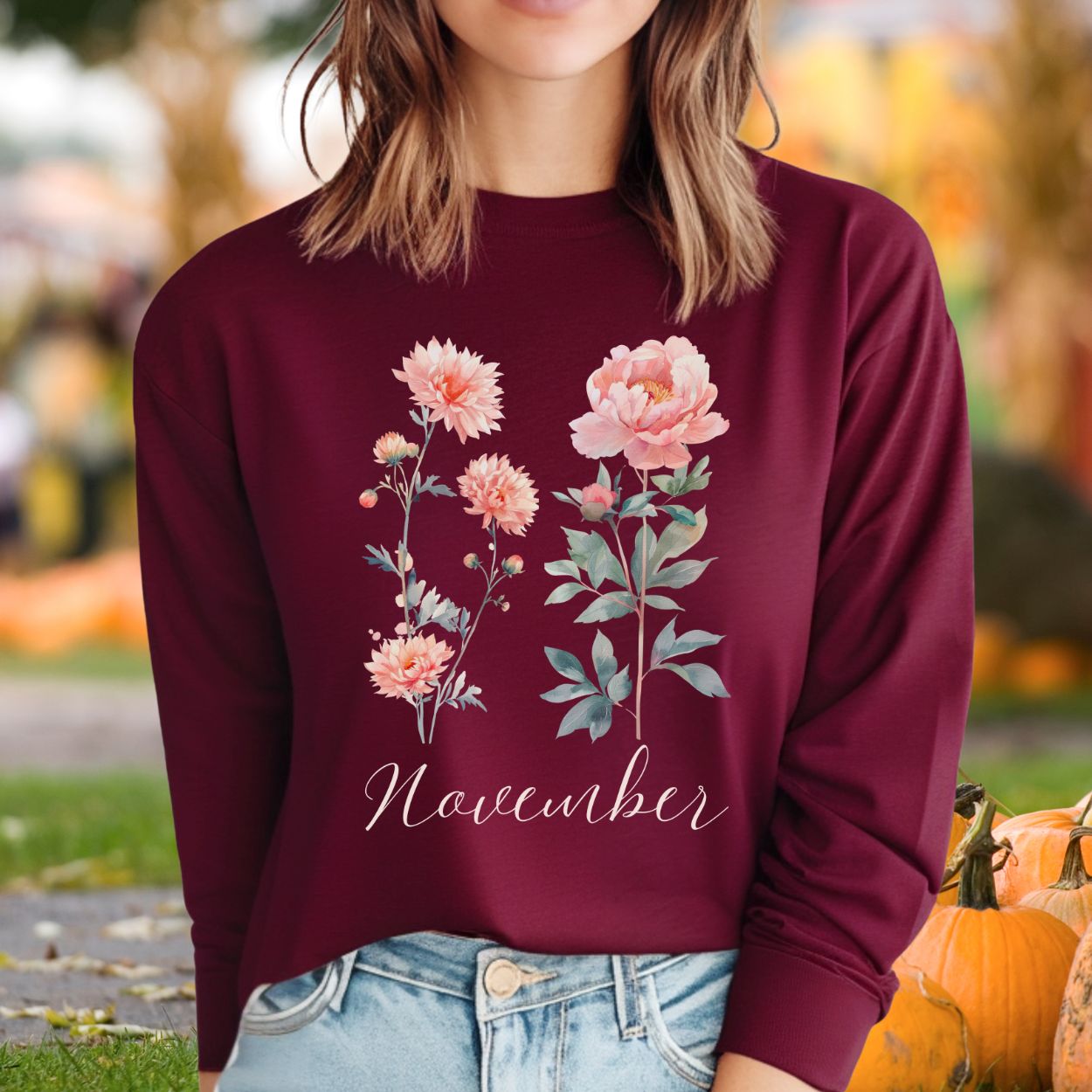 November Birth Month Flower Long Sleeve Tee — Chrysanthemum & Peony