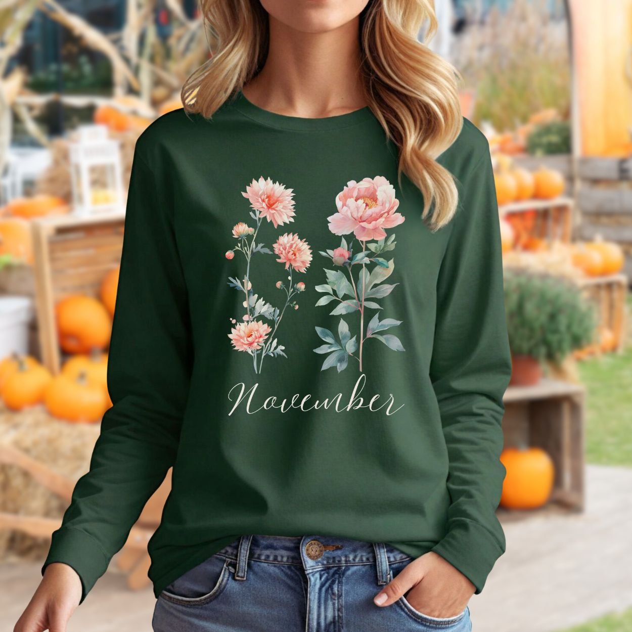 November Birth Month Flower Long Sleeve Tee — Chrysanthemum & Peony