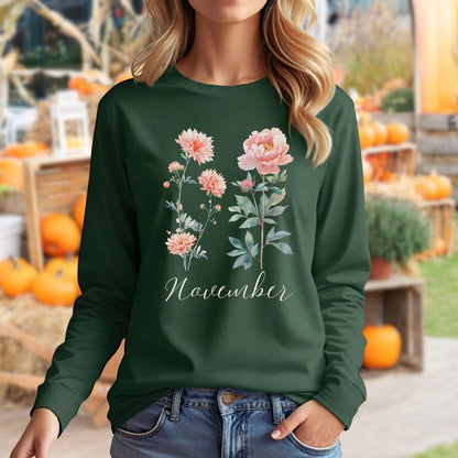 November Birth Month Flower Long Sleeve Tee — Chrysanthemum & Peony