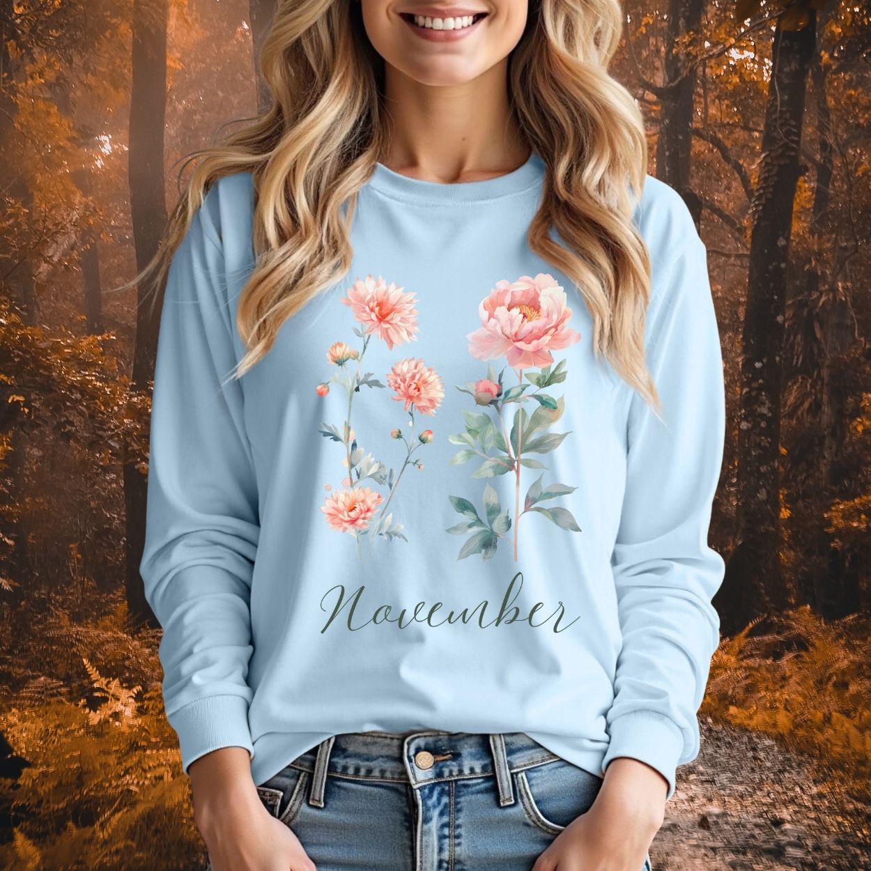 November Birth Month Flower Long Sleeve Tee — Chrysanthemum & Peony