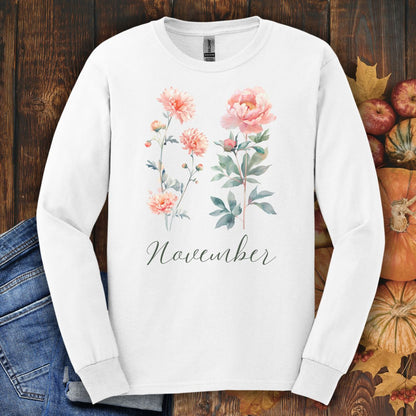November Birth Month Flower Long Sleeve Tee — Chrysanthemum & Peony