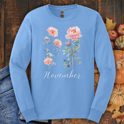 November Birth Month Flower Long Sleeve Tee — Chrysanthemum & Peony